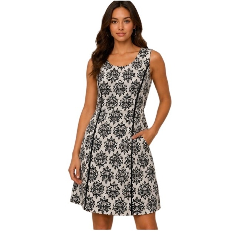 Lucy Paris Womens Small Black Cream Damask A-Line Sleeveless Piping Pocket Dress